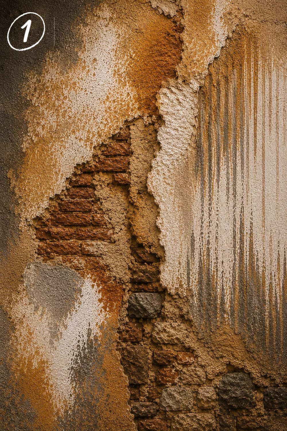 Mur ancien aux enduits délavés et briques apparentes servant de source d’inspiration pour la création d’un mur de caractère.