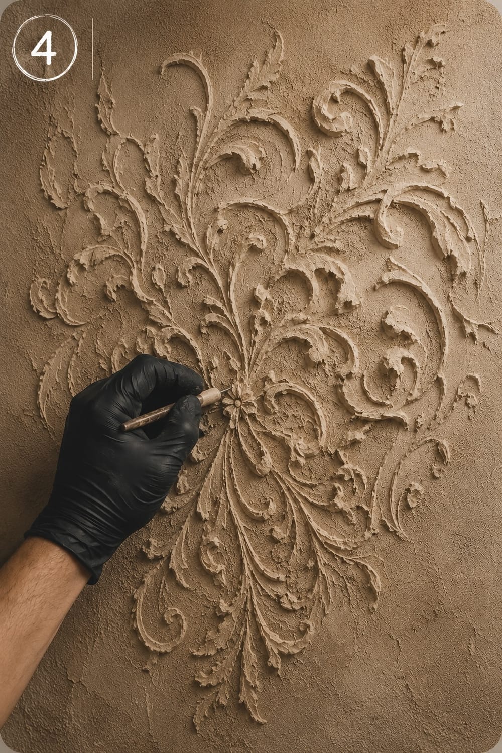 Sculpture des motifs et des textures d’un mur décoratif à l’aide d’outils de modelage.