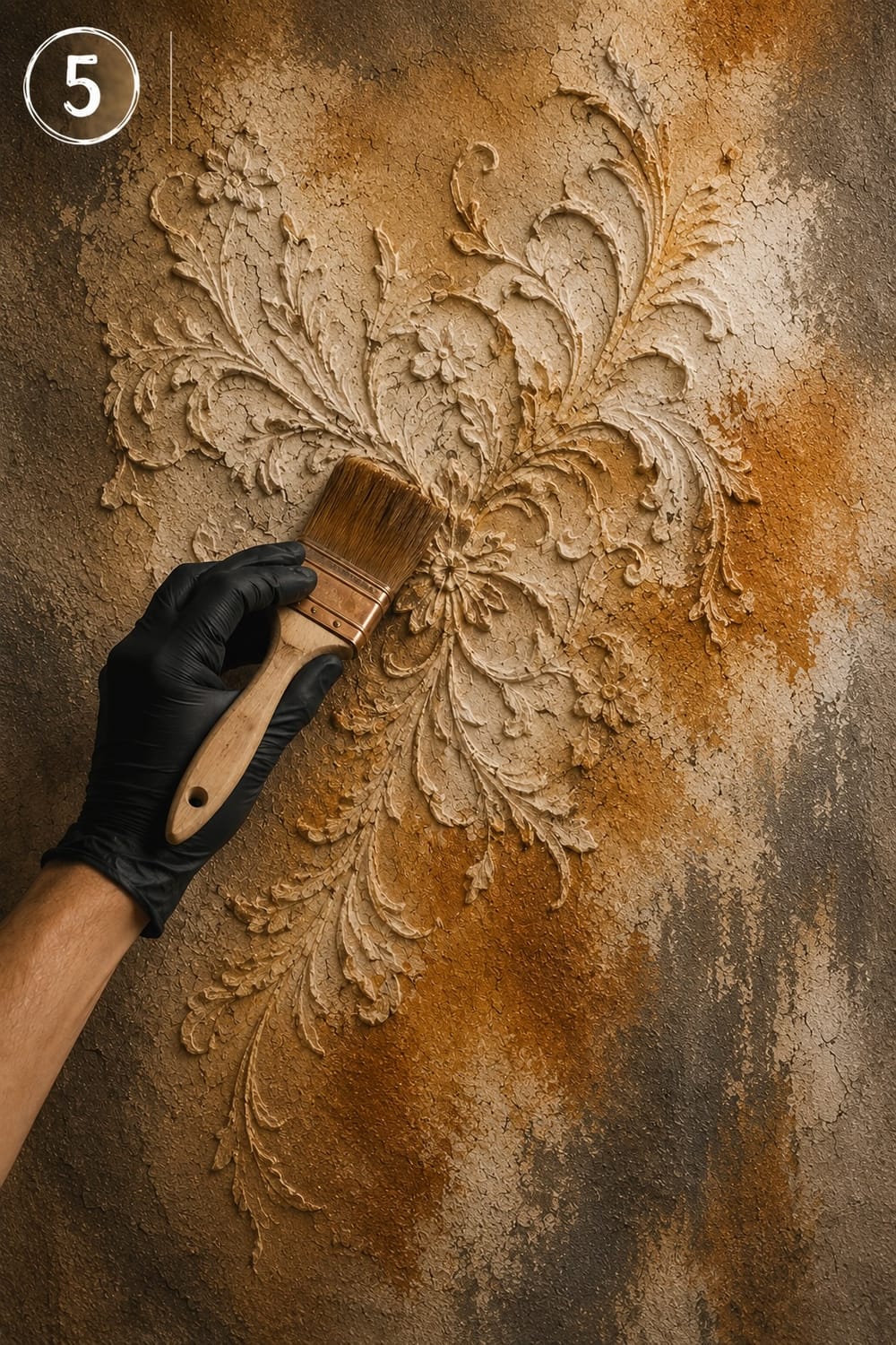 Application des patines et des finitions pour révéler les reliefs et donner une âme au mur de caractère.