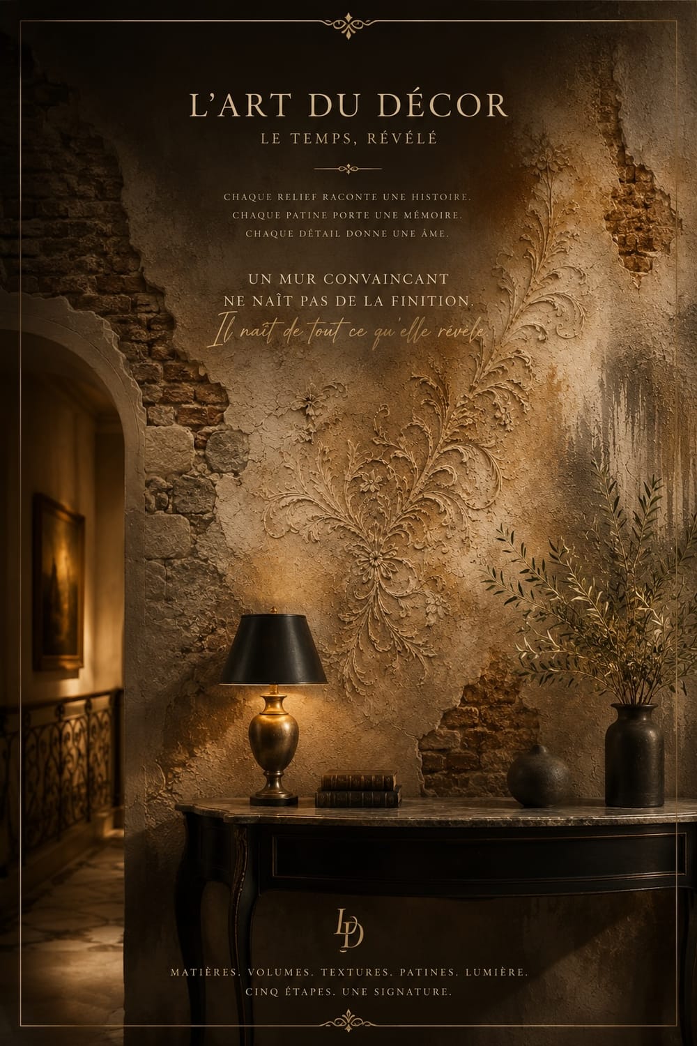 Mur de caractère terminé intégrant enduits sculptés, textures, patines et reliefs pour une décoration intérieure haut de gamme.