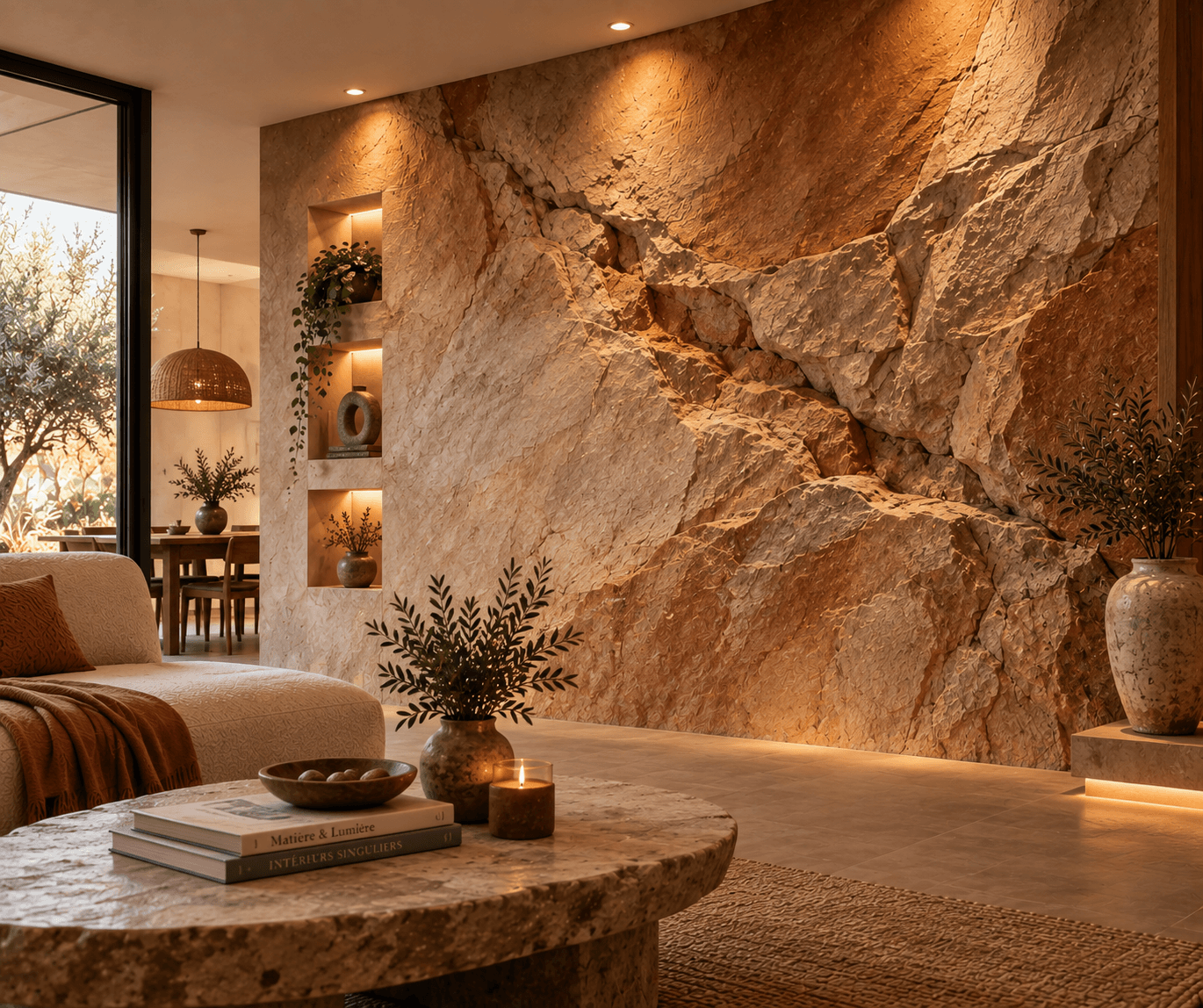 Mur décoratif sculpté minéral aux tons chauds dans un intérieur contemporain