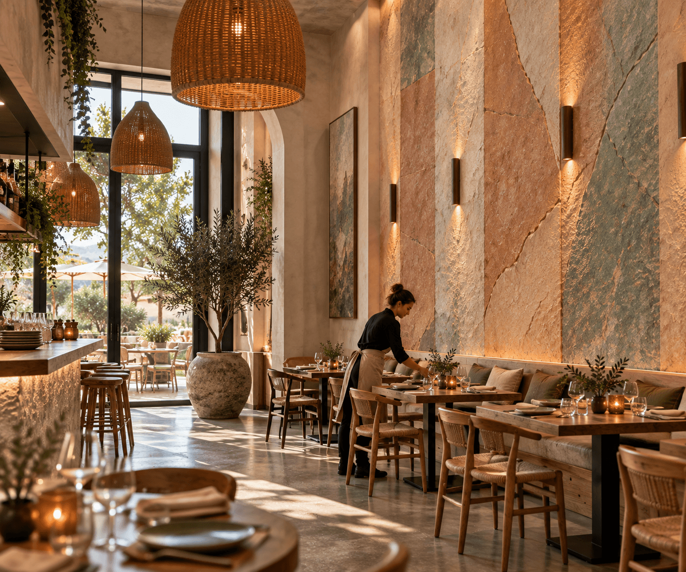 Visualisation IA d’un restaurant avec des reliefs muraux verticaux colorés