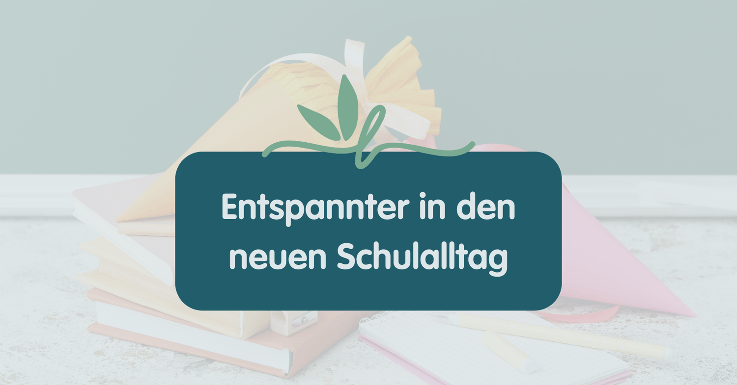 Titelgrafik mit Schultüte, Büchern und Stiften. Aufschrift: ‚Entspannter in den neuen Schulalltag‘ mit Lernspross-Logo.