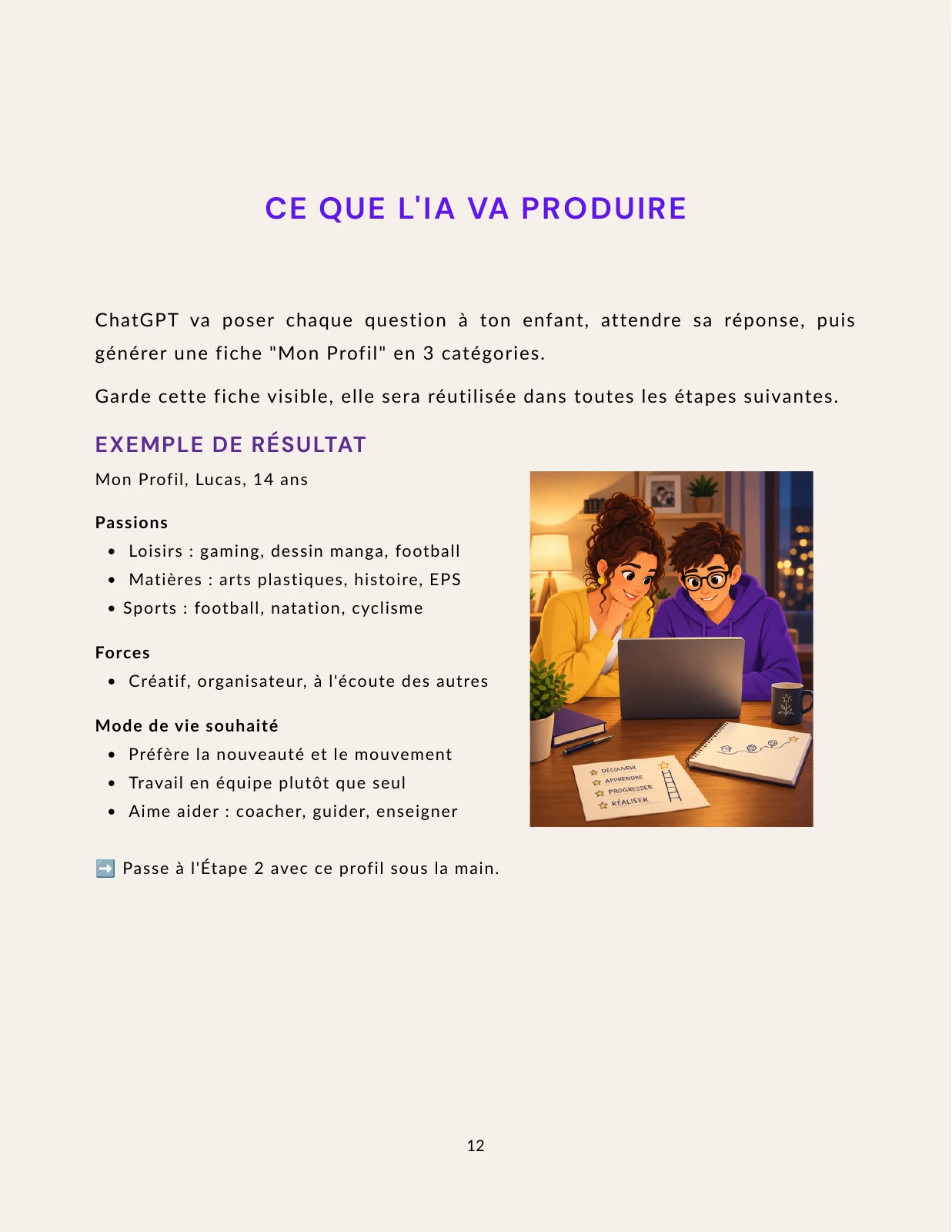 Page authentique Trouve ta voie : construire son profil avec l’exemple fictif Lucas, 14 ans.