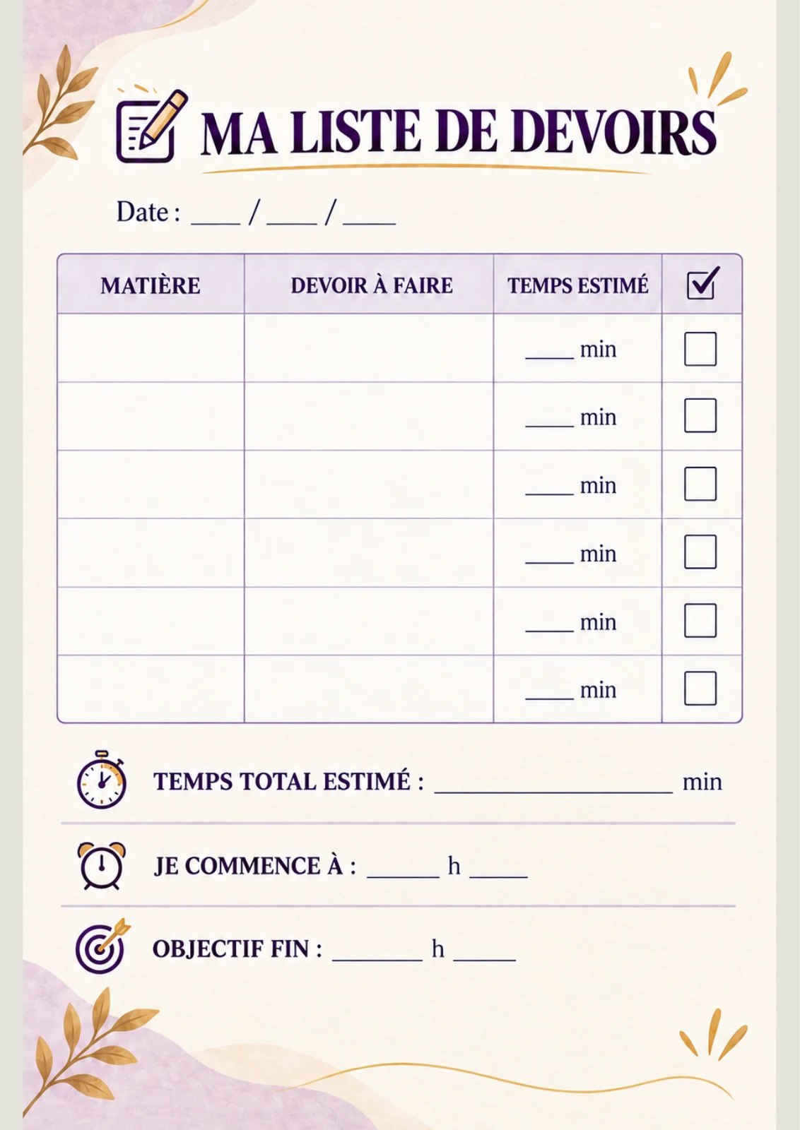 Page du guide Devoirs sans crise : Ma liste de devoirs, tableau à compléter.