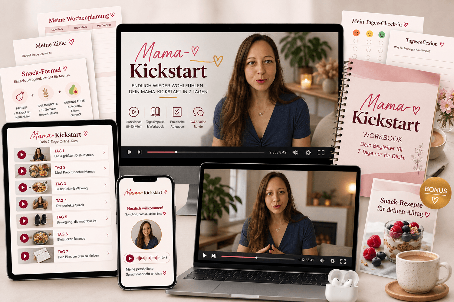 Mama-Kickstart – Kursmaterialien auf Laptop, Tablet und Handy