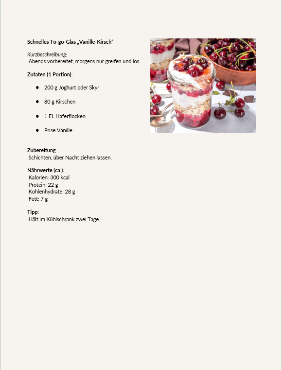 Beispiel-Rezeptseite mit Zutaten und Nährwerten