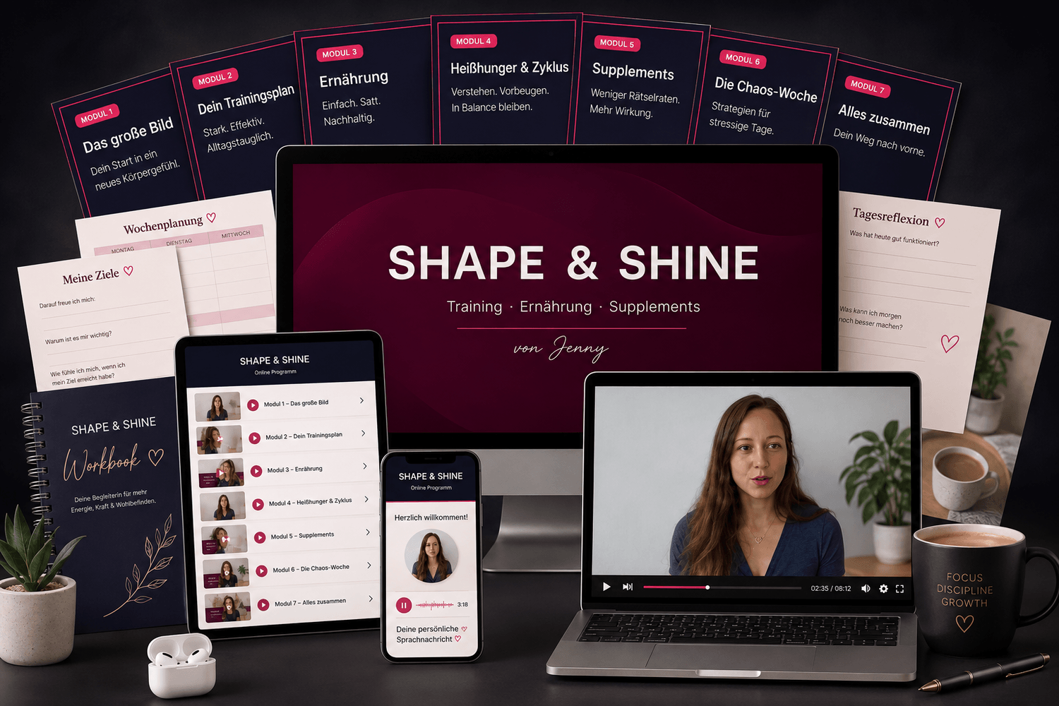 Shape & Shine – Kursmaterialien auf Laptop, Tablet und Handy, Trainingsplan und Workbook