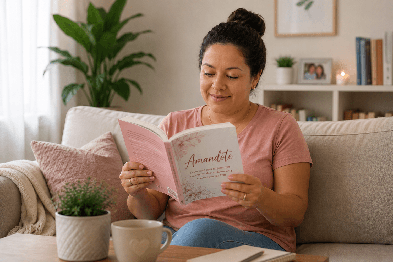 Mujer leyendo el devocional Am&aacute;ndote desde la mirada de Dios