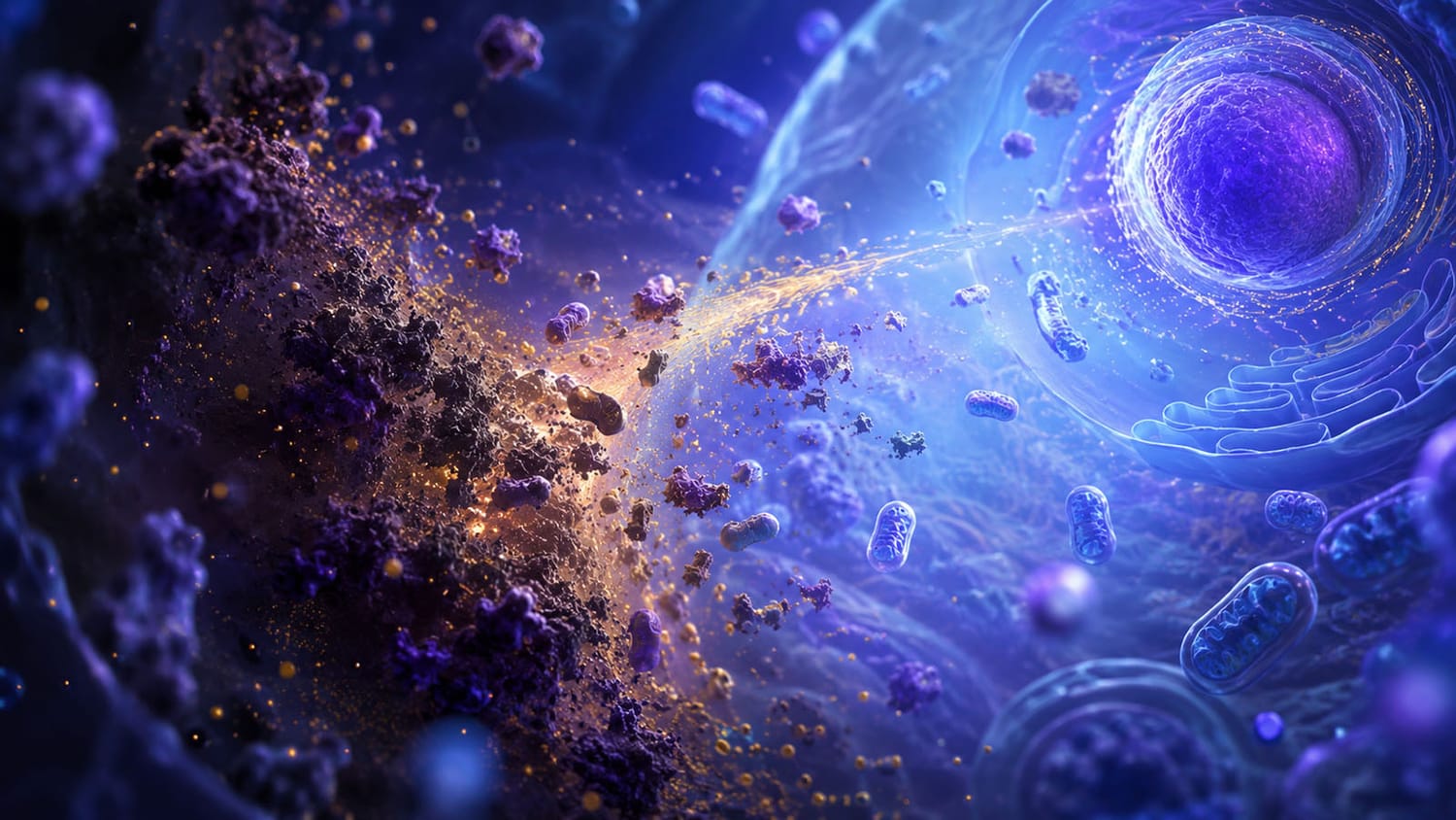 Illustration of the inside of a cell: golden particles clearing away dark debris while mitochondria and the nucleus remain intact – autophagy as cellular cleanup.