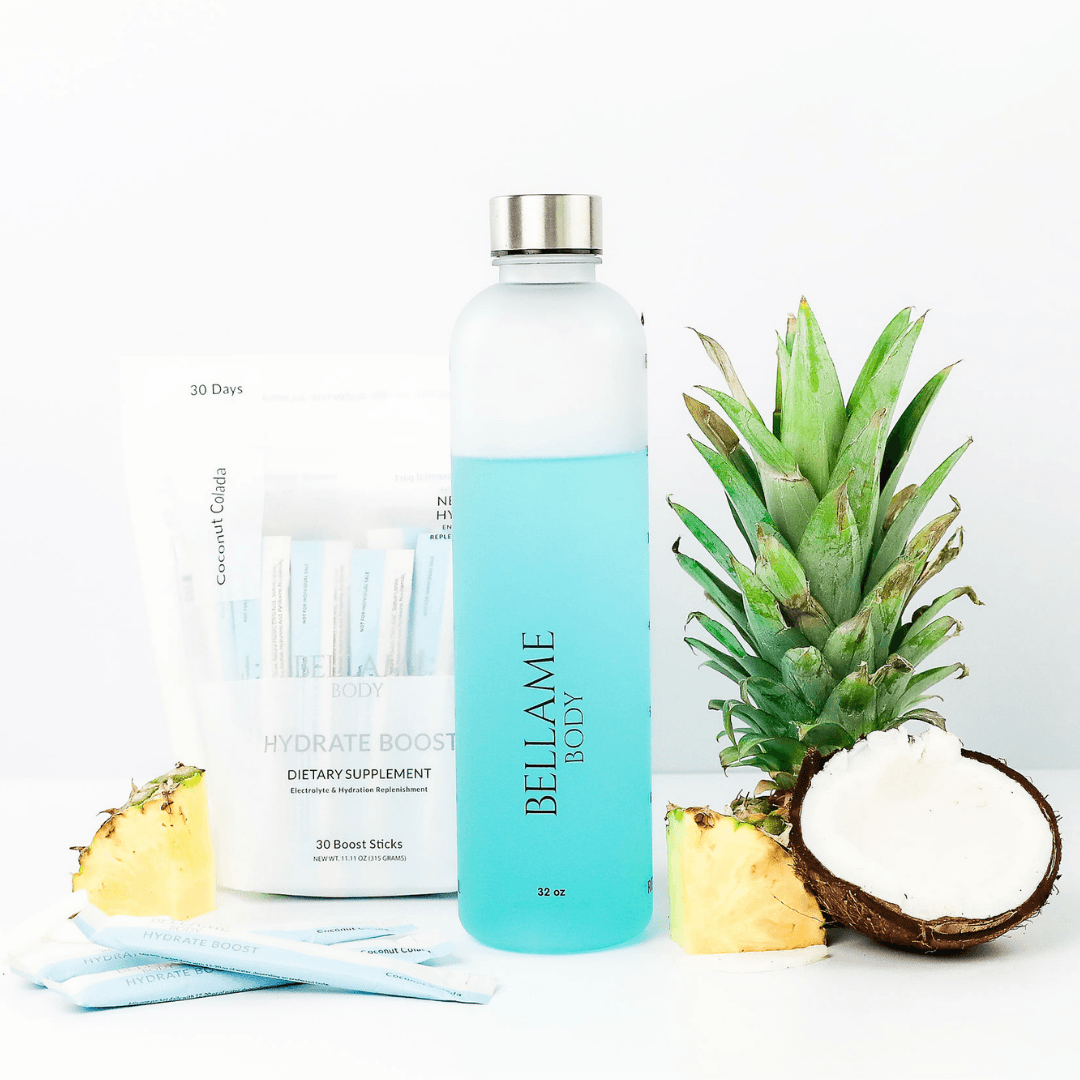 glow juice Bellame hydrate and collagen drink mixed with coconut and pineapple pieces