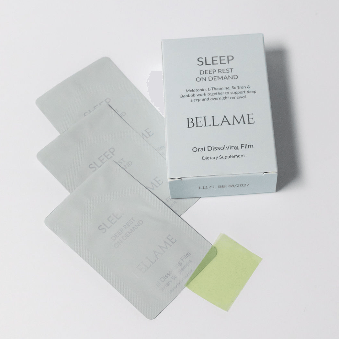 Bellame Oral Dissolving Film for sleep support displayed on table