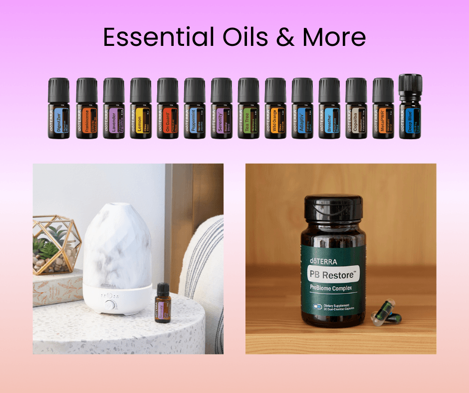 essential oil bottles, diffuser and probiotic supplement graphic