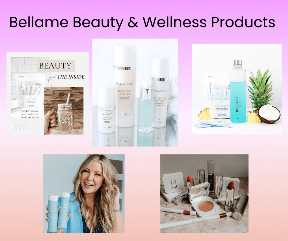 Bellame core products on counter skincare, hair care, collagen, masks