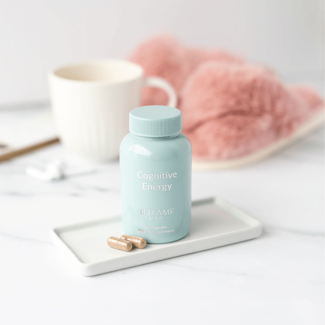 Bellame Cognitive Nootropic Energy capsules and bottle with coffee cup on counter