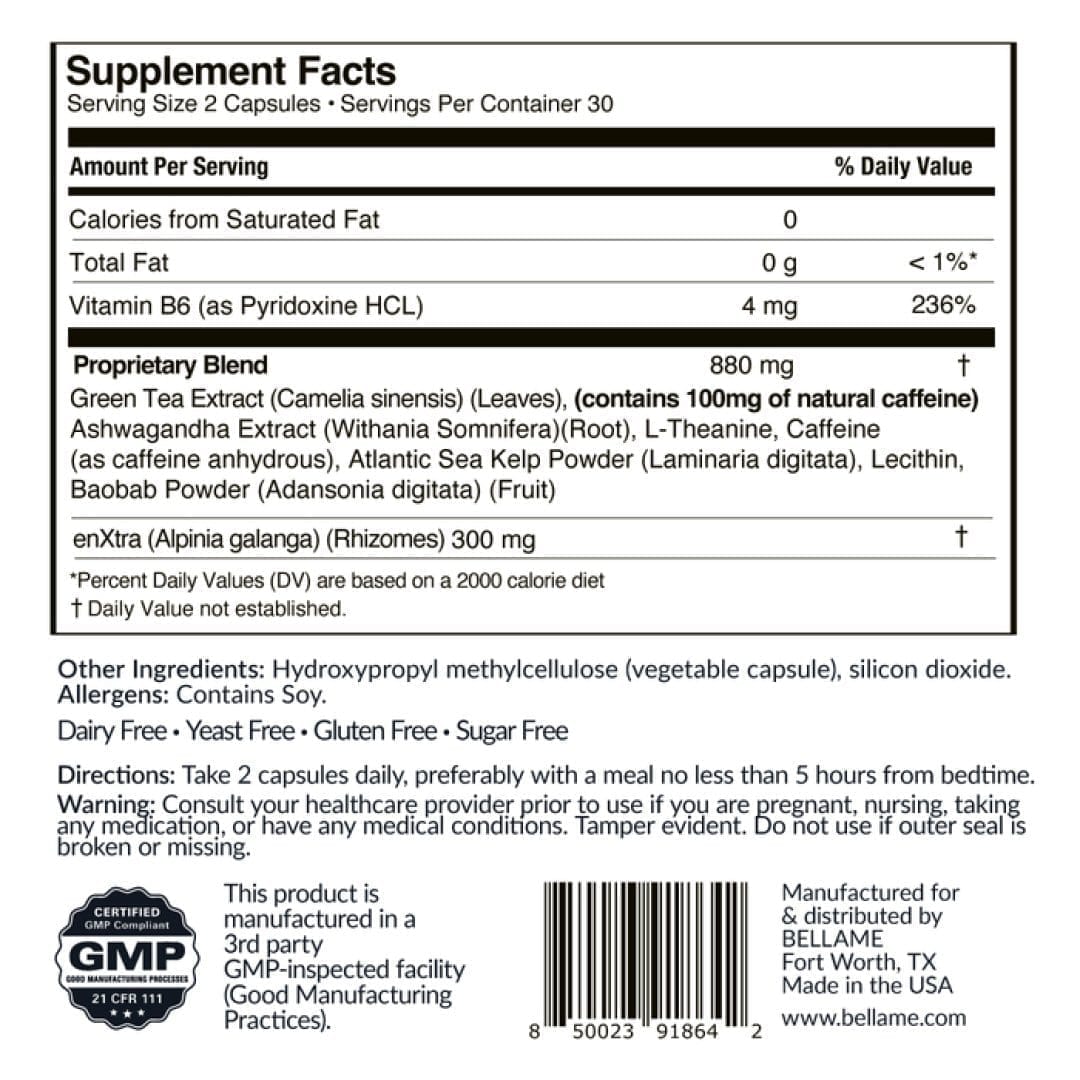 supplement label for Bellame Cognitive Energy Capsules