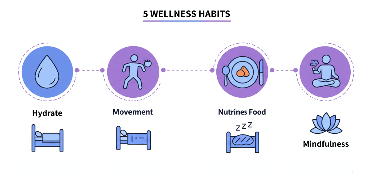 Illustrated infographic showing five core wellness habits: hydration, movement, nutrition, sleep, and mindfulness, each represented with colorful icons and labels.