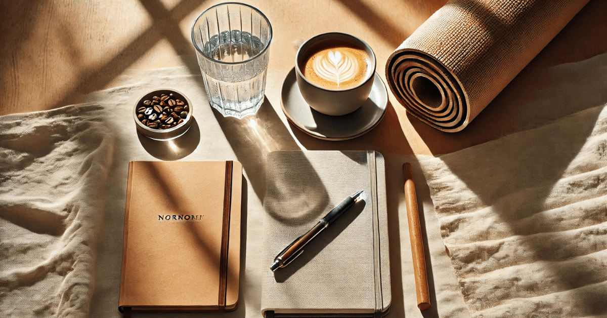 A balanced morning routine with hydration, movement, mindfulness, and energy support