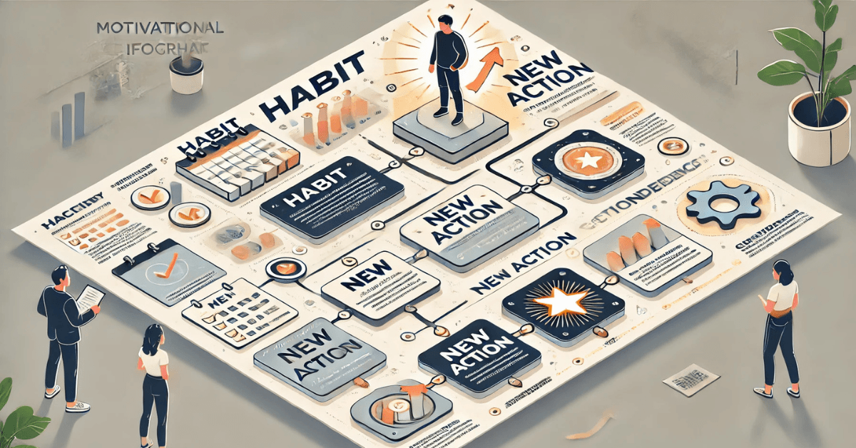 Visual flow of linking habits to small actions that build confidence