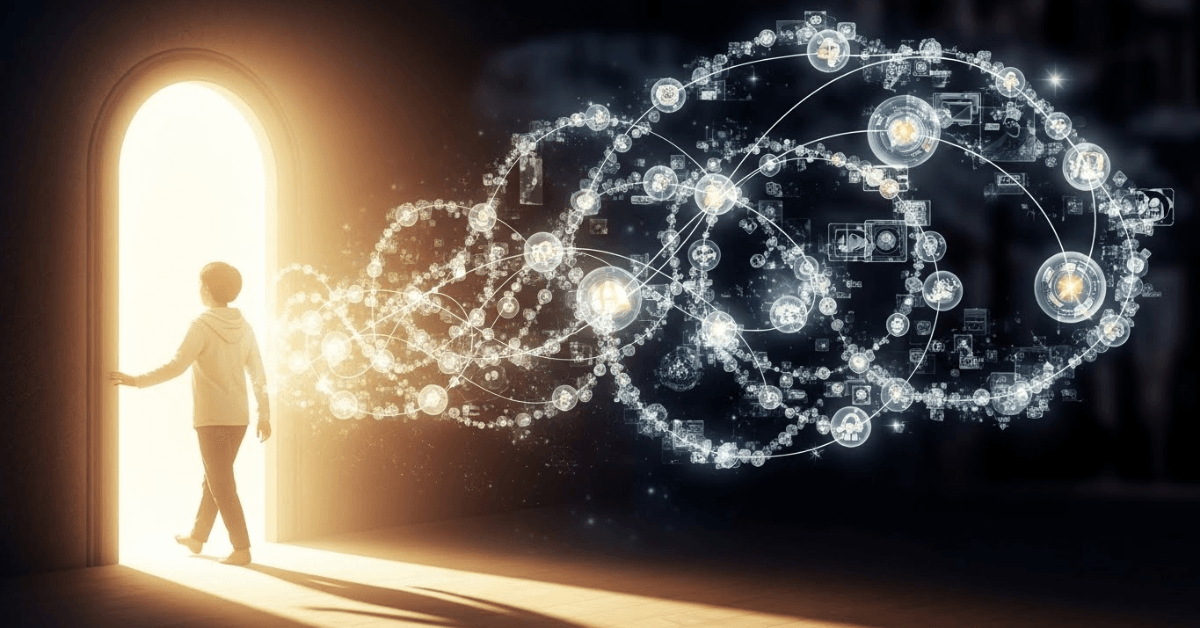 A person stepping into a bright doorway as swirling thought patterns transform behind them, symbolizing the shift into a new reality created by empowered thinking.
