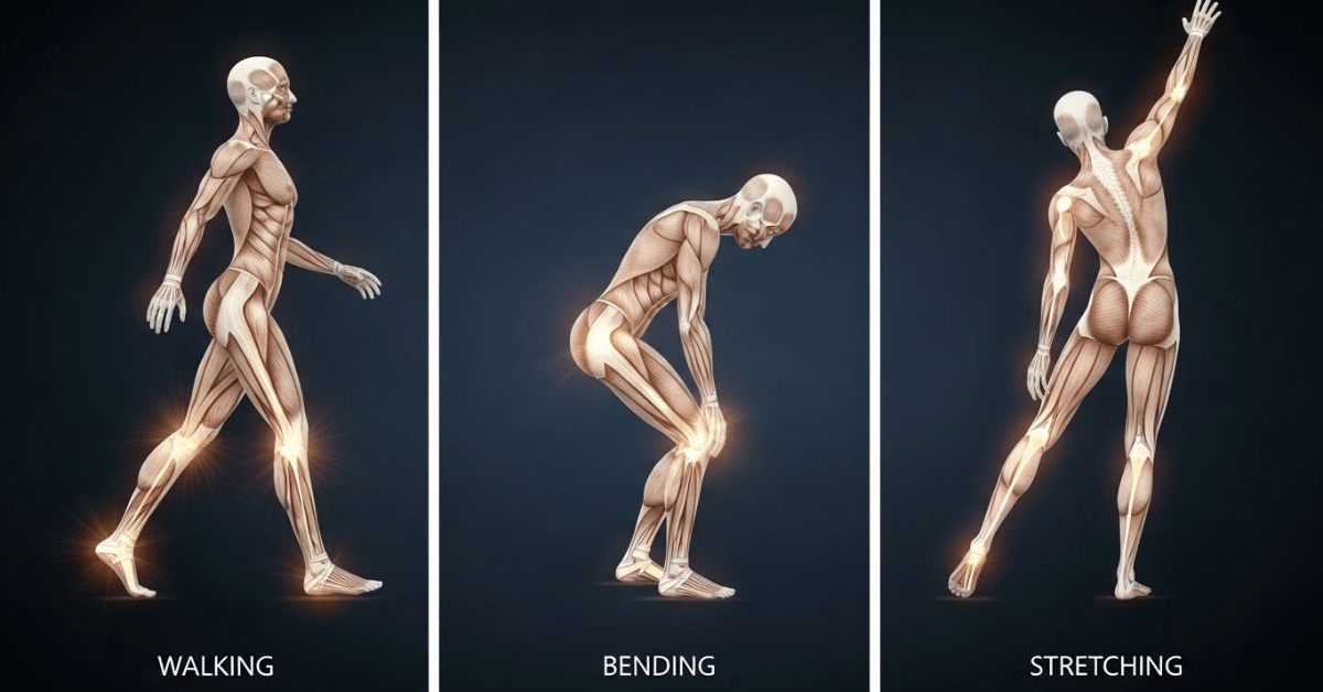 Anatomical illustrations showing the body’s muscles during walking, bending, and stretching, highlighting how everyday movements naturally activate and strengthen the body.