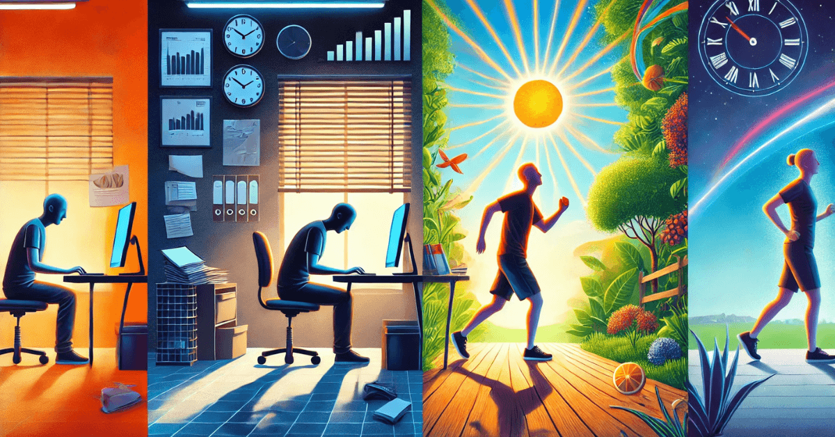 Illustration showing the contrast between long hours of sitting indoors and energizing movement outdoors, highlighting how simple daily activity can transform health and well-being.