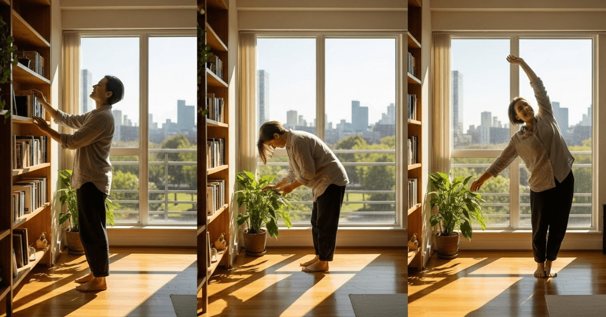 Person doing simple everyday movements at home—reaching, bending, and stretching—showing how natural activity throughout the day keeps the body mobile and healthy.