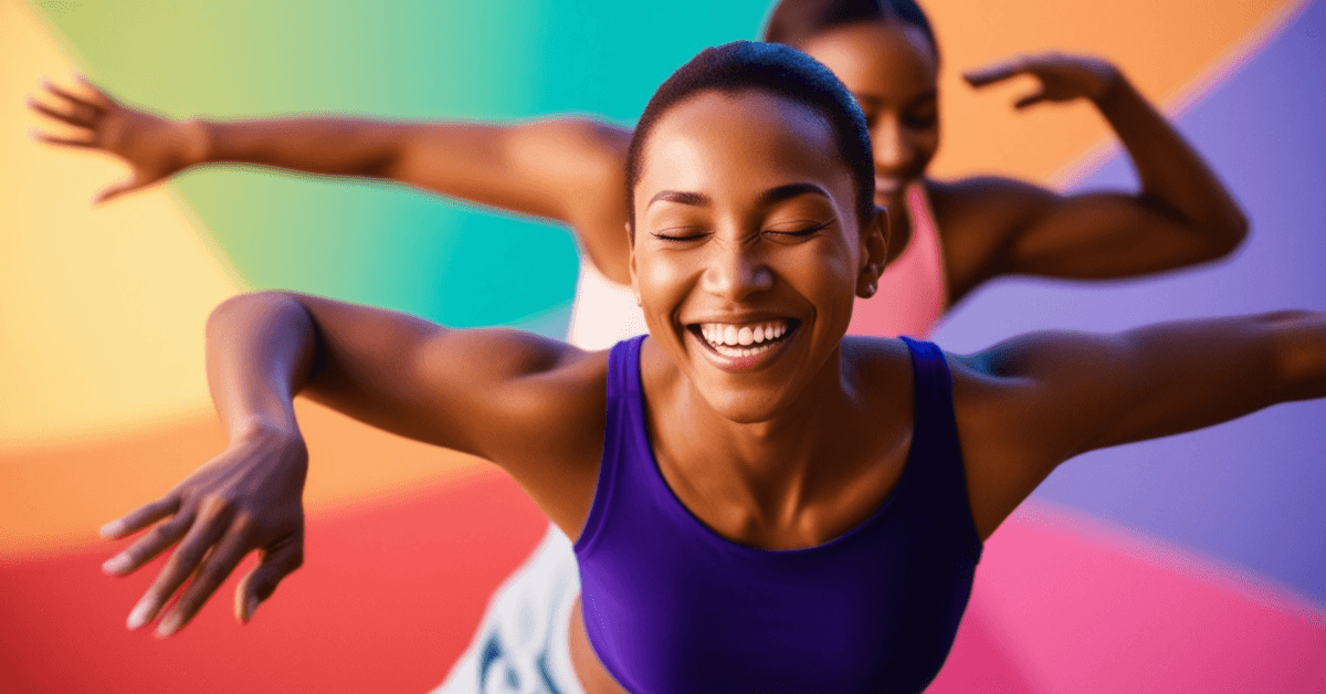 Smiling person moving joyfully with arms outstretched during a fun, energetic exercise session, showing how movement can be enjoyable and uplifting without a gym.
