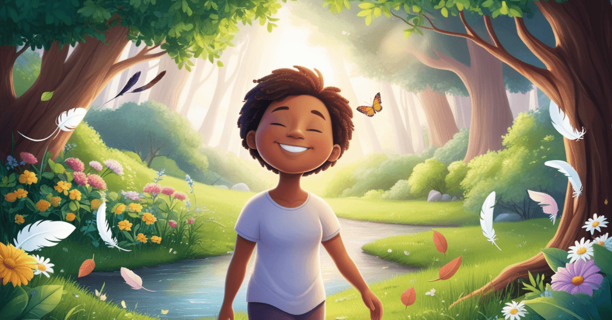 Joyful person walking through a bright, colorful forest, symbolizing how simple movement in nature boosts mood, energy, and overall well-being.