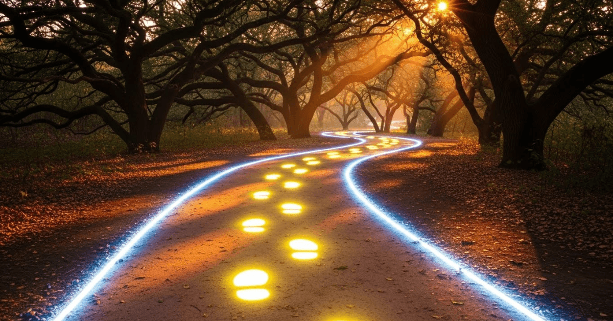 Glowing footsteps guiding a winding path through a sunlit forest, symbolizing how small, consistent daily movements create a brighter, healthier journey over time.
