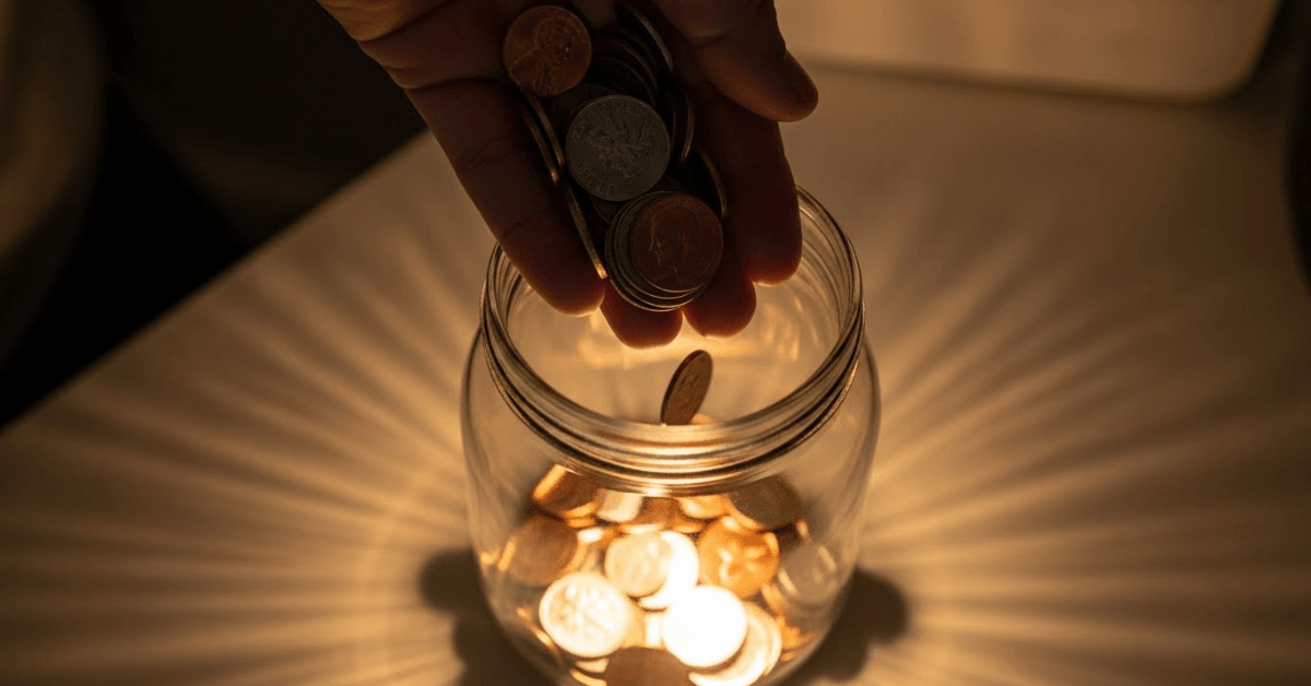 Hand dropping coins into a glass jar illuminated with warm light, symbolizing the power of saving small amounts consistently to build meaningful wealth over time.