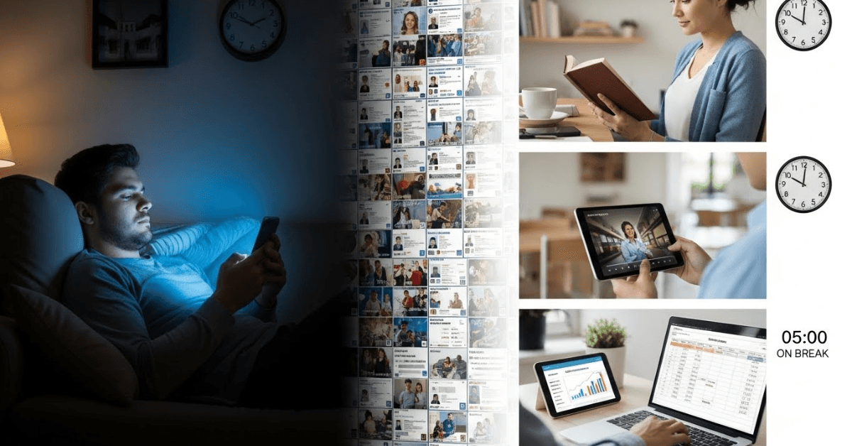 Contrast of a man scrolling on his phone at night versus productive moments of reading, learning, and managing finances, illustrating how small pockets of time can be used to build wealth instead of being wasted.