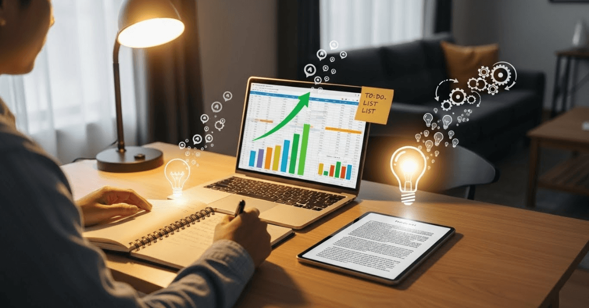 Person reviewing financial charts and writing in a notebook at a desk, surrounded by illustrated lightbulbs and gears, symbolizing how small productive tasks compound into meaningful financial progress.