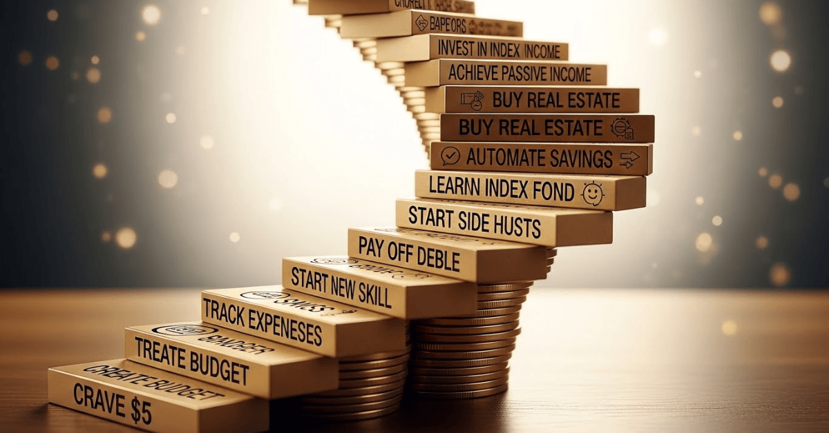 Stacked wooden blocks forming a staircase with small financial tasks like budgeting, tracking expenses, learning new skills, and automating savings, symbolizing how tiny steps lead to long-term wealth building.