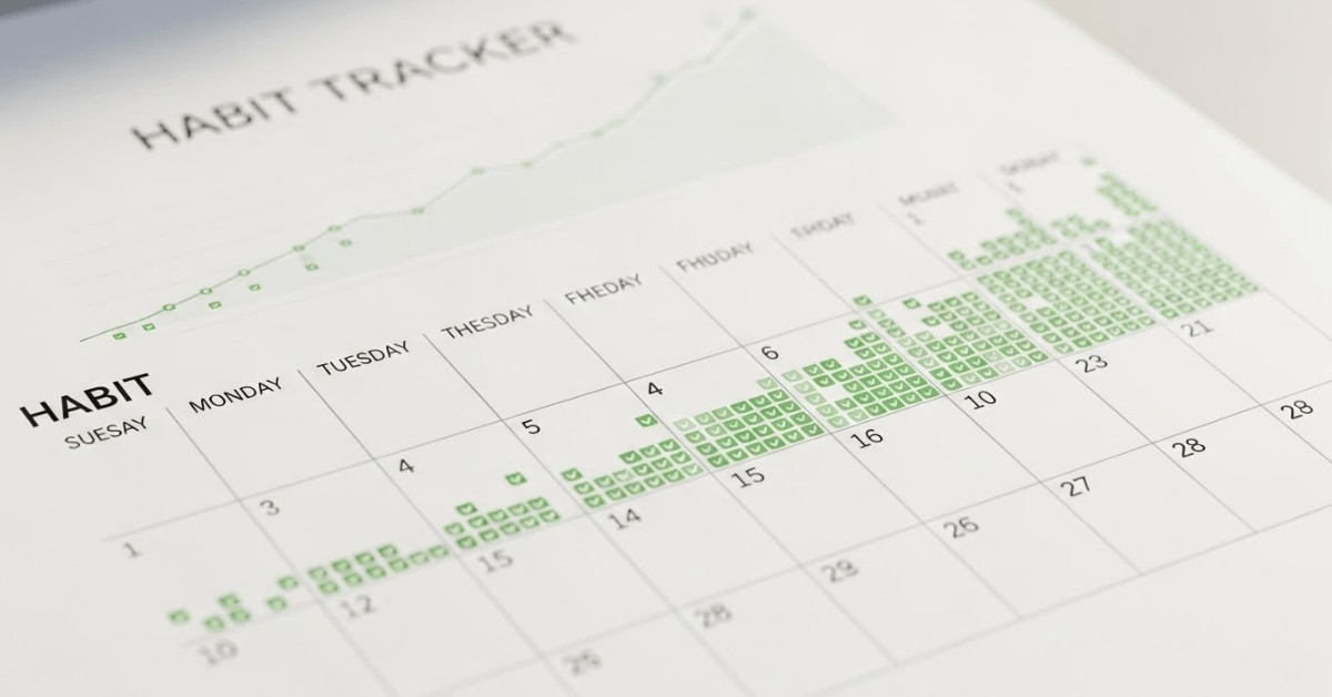 Close-up of a habit tracker filled with daily checkmarks, illustrating how consistent small actions compound over time to build wealth in the margins of everyday life.