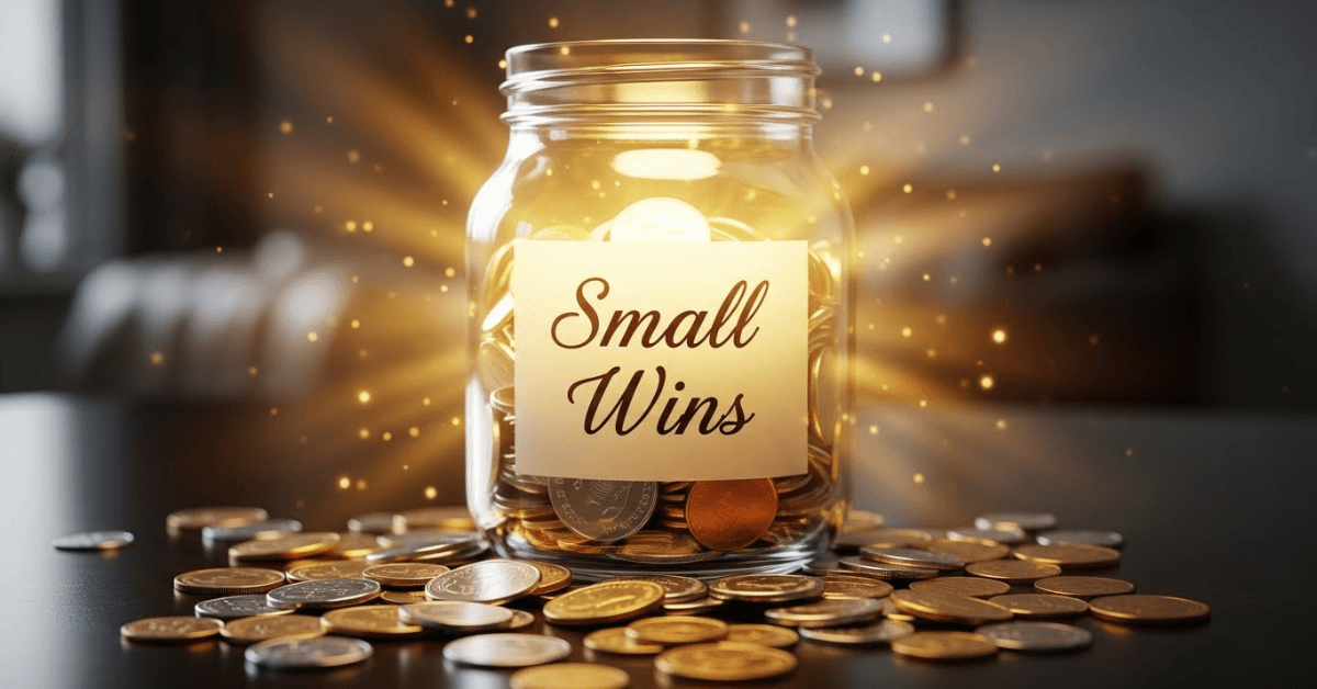 Jar labeled “Small Wins” filled with glowing coins, symbolizing how tiny financial victories add up over time to create meaningful wealth.
