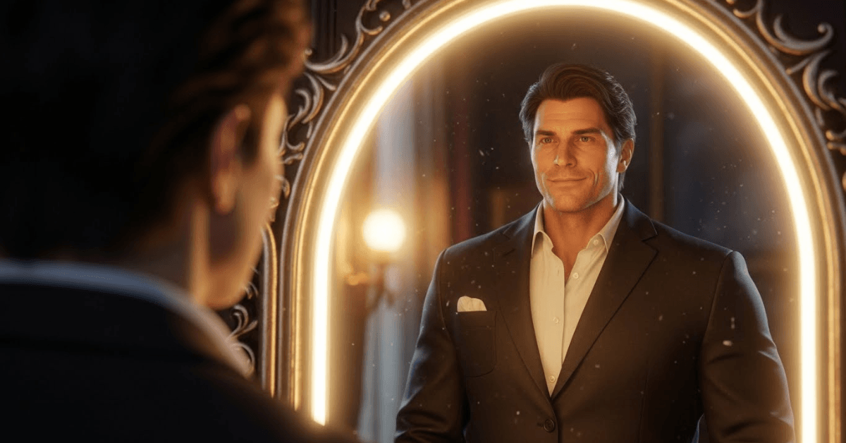 Man standing confidently in front of a glowing mirror, symbolizing self-belief, inner strength, and recognizing personal potential without needing outside validation.