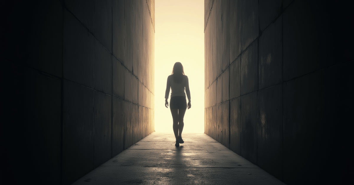 Silhouette of a woman walking through a dark corridor toward bright light, symbolizing moving forward, choosing growth, and stepping into personal potential.