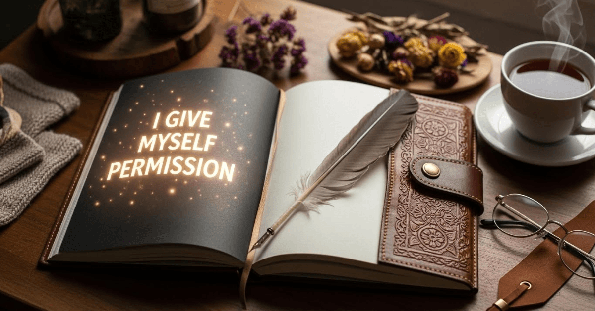 Open journal with glowing words “I give myself permission,” surrounded by a feather pen, tea, and warm creative elements, symbolizing self-approval and personal empowerment.