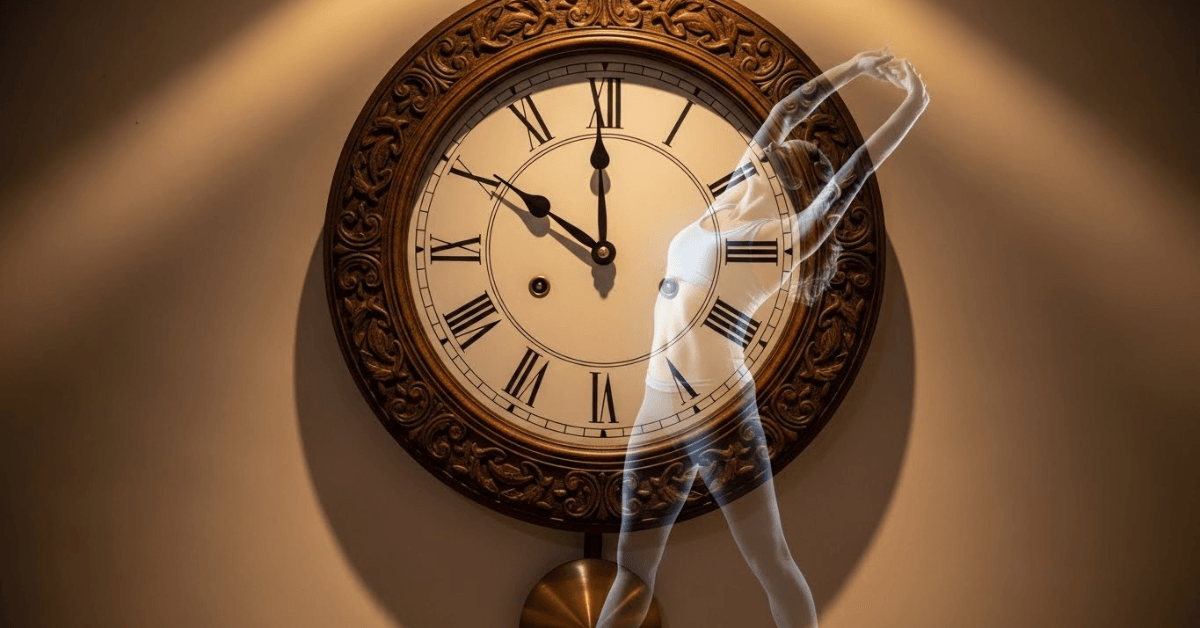 Stylized image of a large wall clock with a translucent figure stretching in front of it, representing the reminder to move every hour for better health, energy, and longevity.