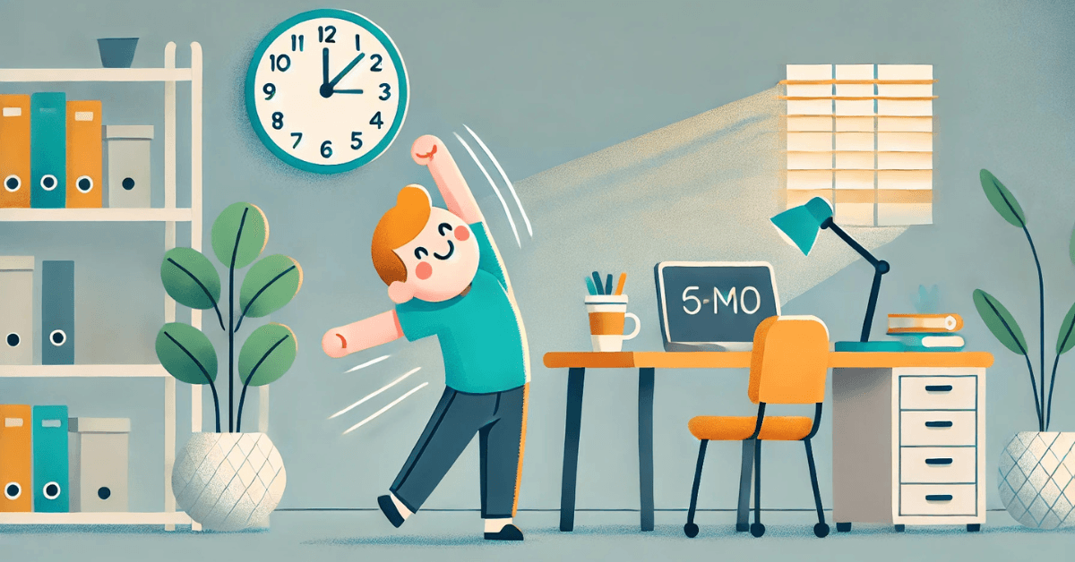Illustrated scene of a person stretching beside a desk with a wall clock, showing an easy hourly movement break during the workday to stay active and energized.
