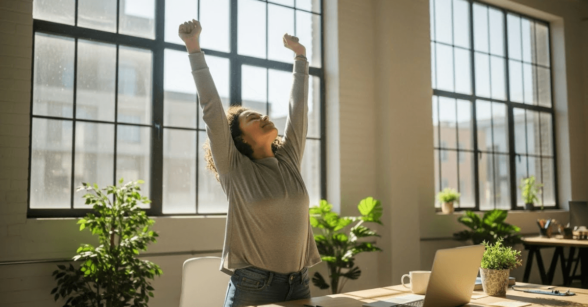 Person stretching with arms raised beside a desk and laptop, showing how taking regular hourly movement breaks at work improves energy and reduces stiffness.