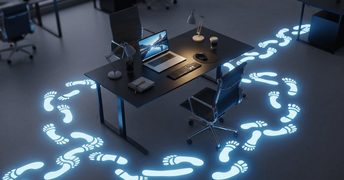 Glowing footsteps circling a desk and workspace, symbolizing the habit of moving every hour to improve circulation, energy, and long-term health.
