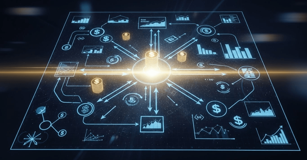 Visual diagram showing money flowing from a central source into multiple categories with charts and arrows, representing a structured financial plan and intentional money management.