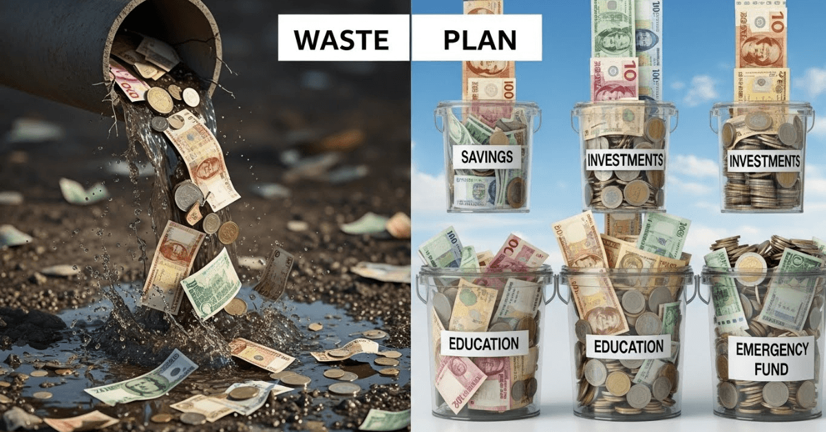 Split-screen image showing money leaking away as waste on one side and organized money buckets labeled savings, investments, education, and emergency fund on the other, illustrating the difference between spending without a plan and intentional money management.