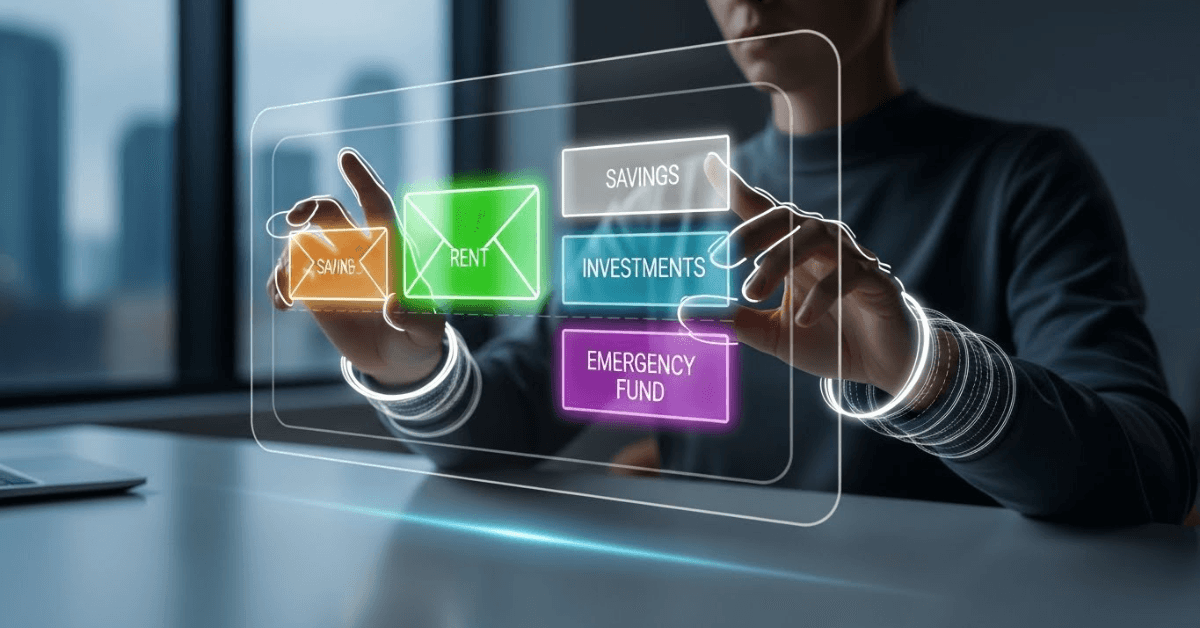Person interacting with a digital budgeting interface showing money categories like rent, savings, investments, and emergency fund, representing intentional money allocation and financial control.