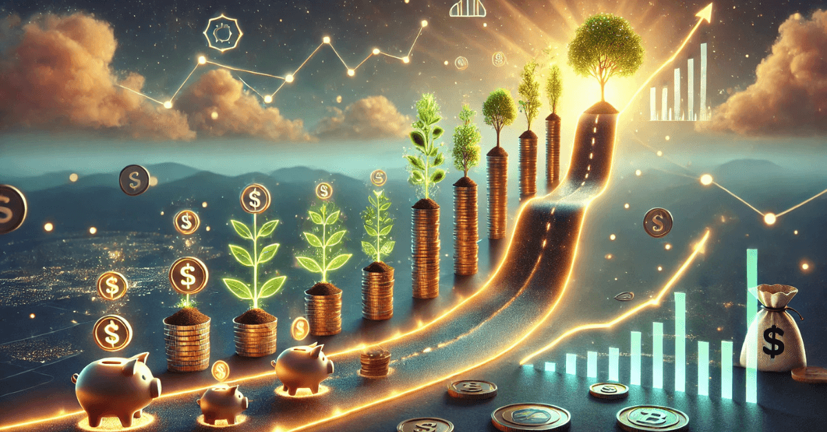 Illustration showing money growing over time through stacked coins, small plants becoming trees, and an upward financial path, representing compound growth, long-term investing, and intentional wealth building.