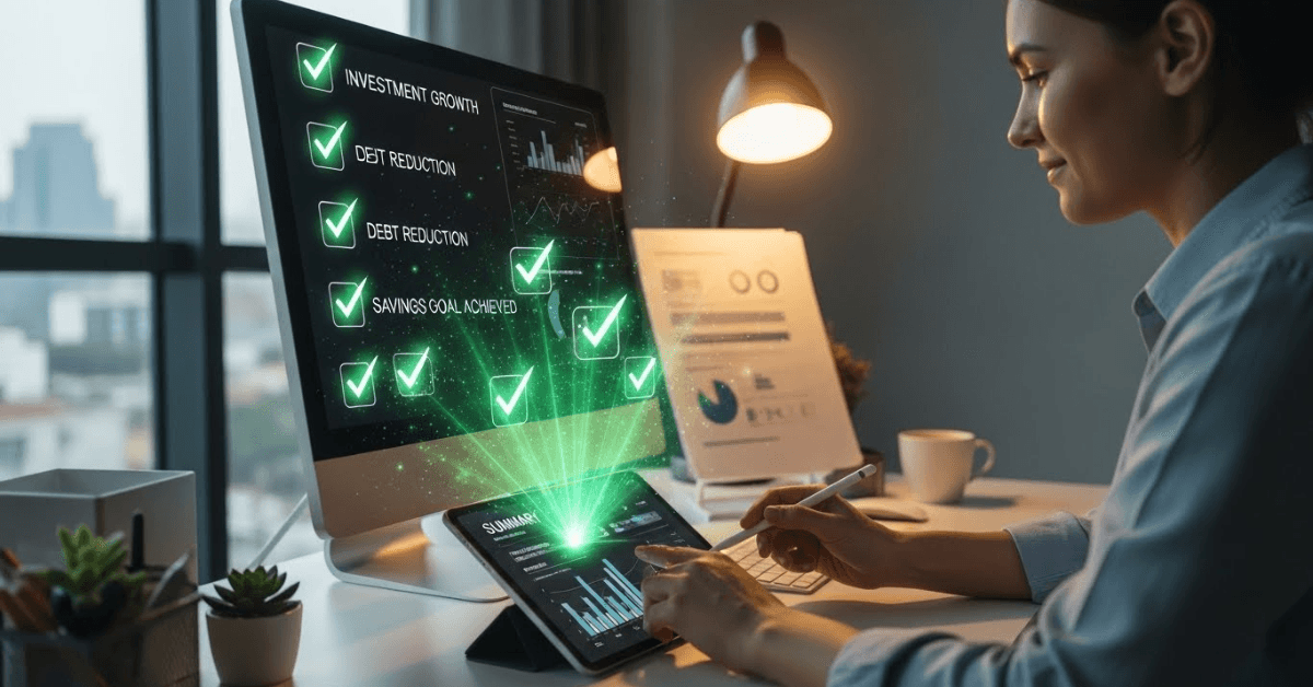 Person reviewing financial progress on a digital dashboard with checkmarks for investment growth, debt reduction, and savings goals achieved, representing clear planning and measurable wealth-building progress..