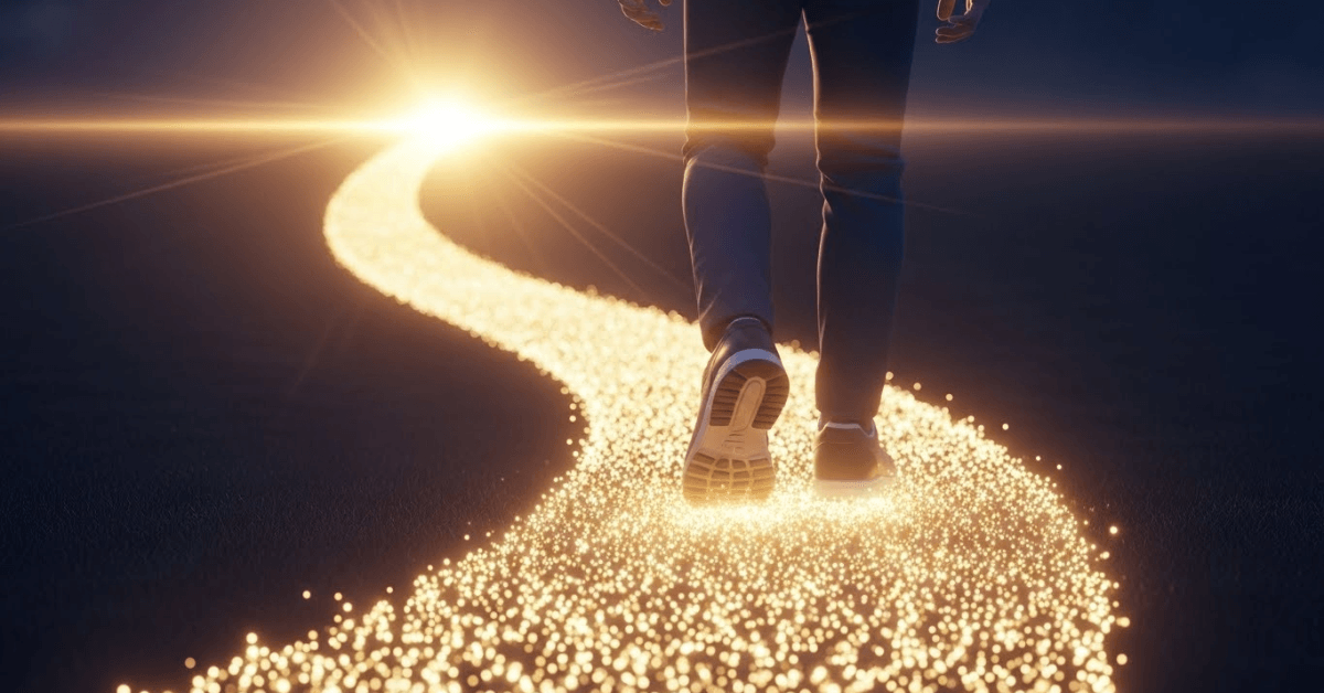 Person walking along a glowing path toward a bright horizon, symbolizing taking control of finances, following a clear plan, and building long-term wealth with confidence and direction.