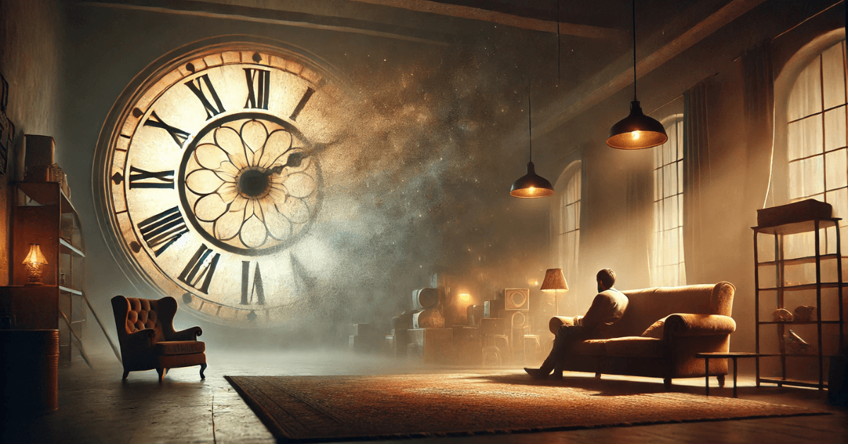 Person sitting comfortably in a quiet room while a massive clock looms behind them, symbolizing time passing, stagnation, and the hidden cost of staying too comfortable for too long.